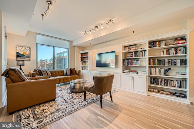 living room with track lighting and light wood finished floors