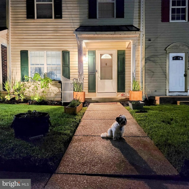 view of exterior entry featuring a yard