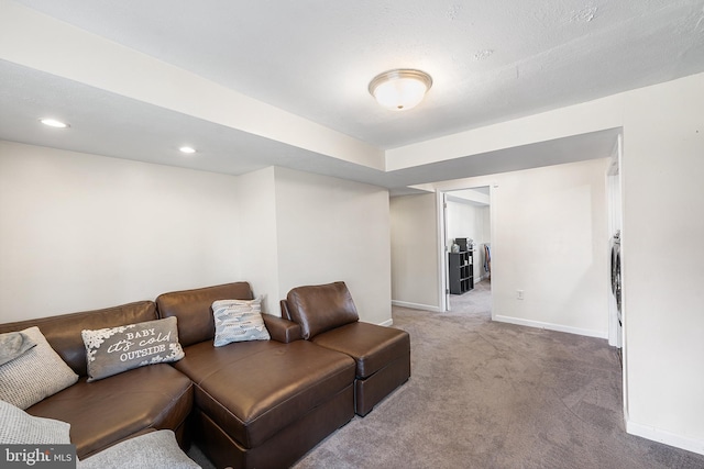 living area with recessed lighting, baseboards, and carpet