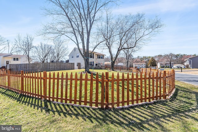 view of yard featuring a fenced front yard and a residential view