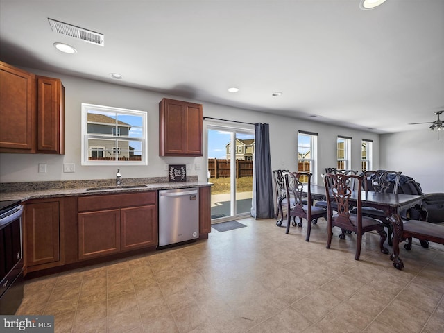 kitchen with visible vents, electric stove, a sink, recessed lighting, and dishwasher