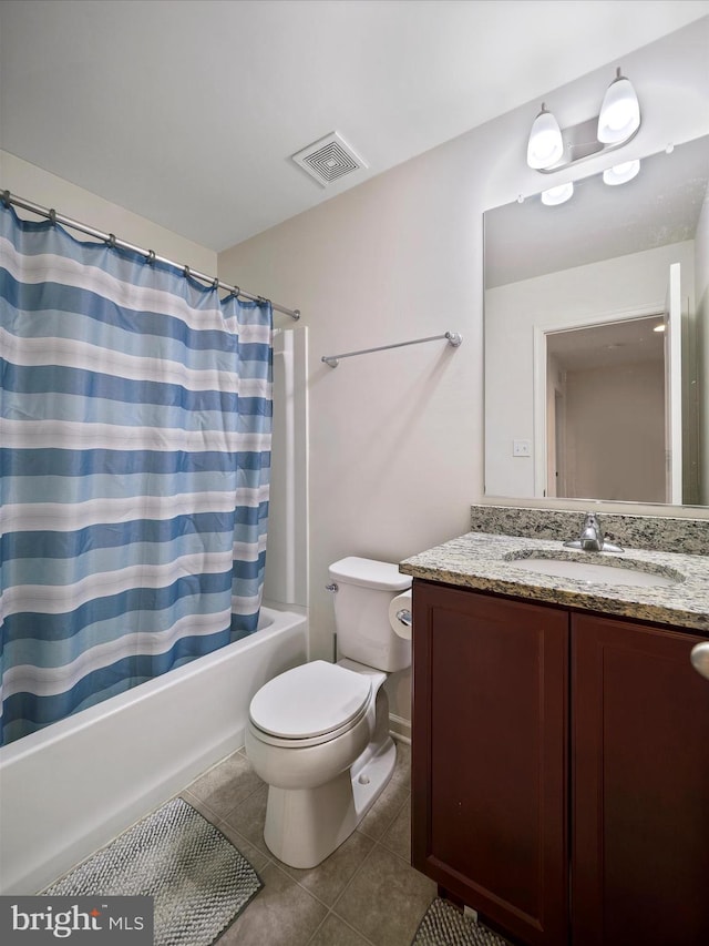 bathroom with tile patterned floors, visible vents, toilet, shower / tub combo with curtain, and vanity