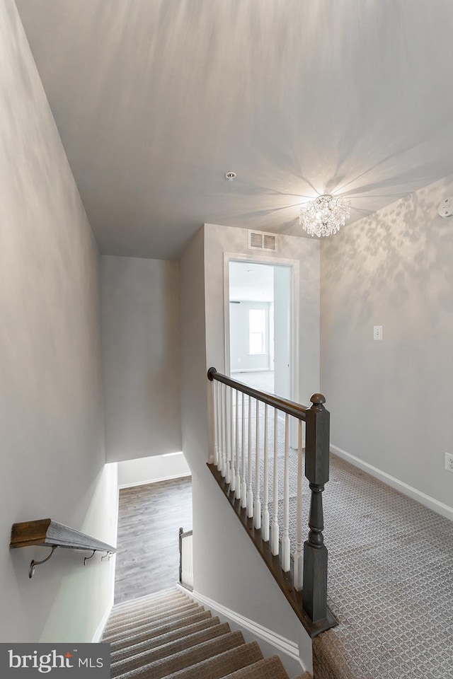 staircase with carpet, visible vents, and baseboards