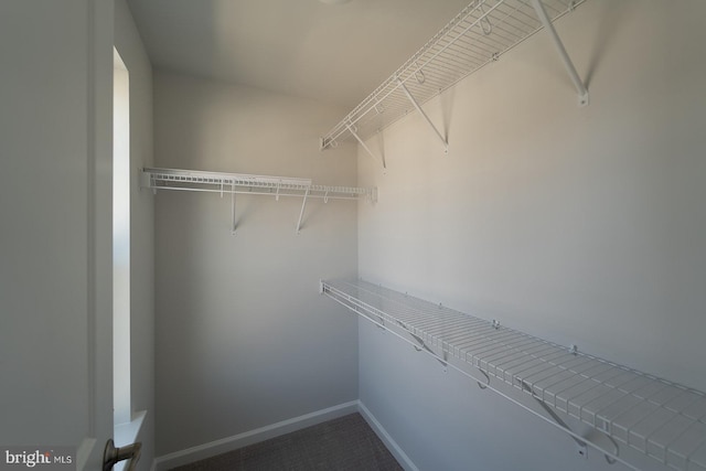 spacious closet with dark colored carpet