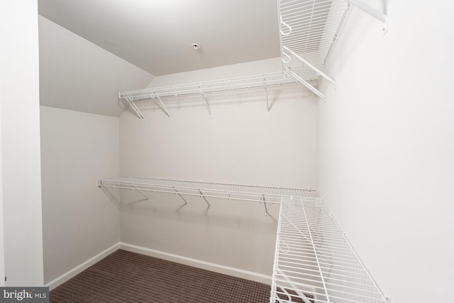 spacious closet with lofted ceiling and carpet