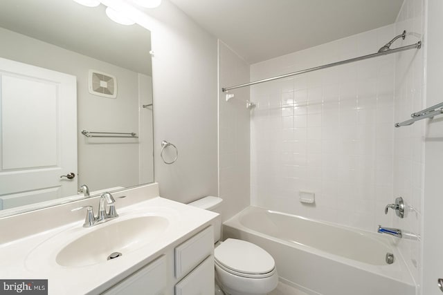 full bath featuring visible vents, shower / bathtub combination, toilet, and vanity