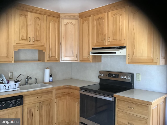 kitchen featuring electric range, a sink, light countertops, under cabinet range hood, and dishwasher