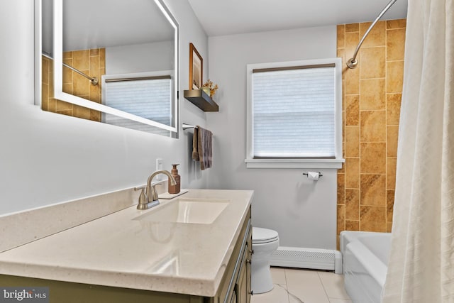 bathroom with baseboard heating, shower / bath combination with curtain, toilet, and vanity