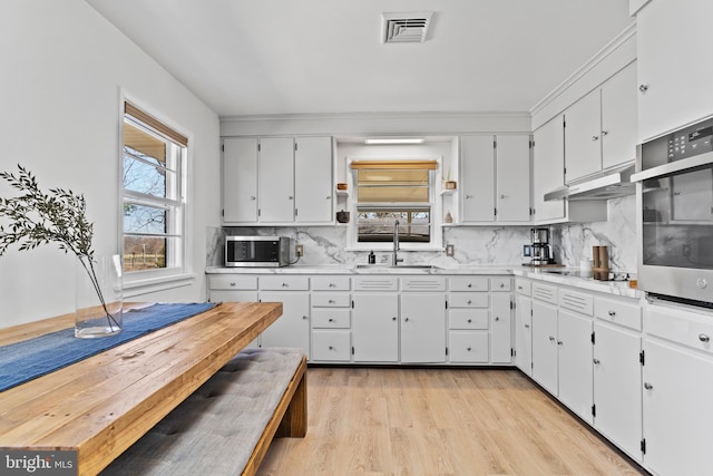 kitchen with visible vents, stainless steel appliances, a sink, under cabinet range hood, and tasteful backsplash