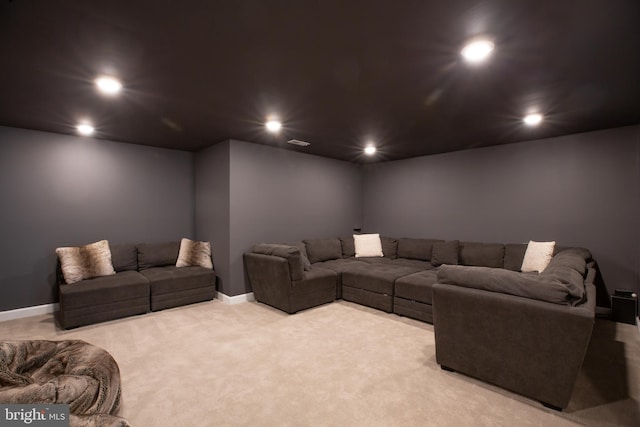 cinema with recessed lighting, baseboards, and carpet floors