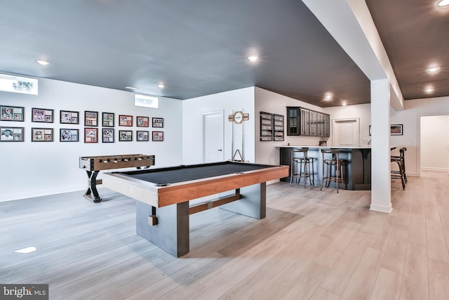 rec room with billiards, recessed lighting, and light wood-style floors