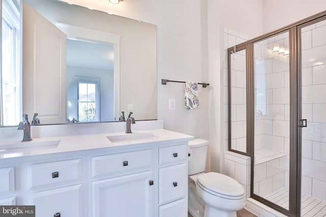 bathroom featuring a sink, toilet, and a shower stall