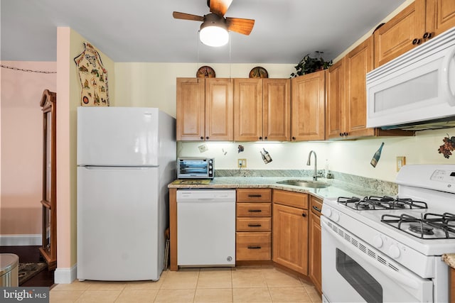 kitchen featuring light countertops, light tile patterned floors, white appliances, a ceiling fan, and a sink