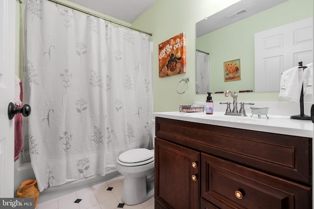 full bathroom with visible vents, toilet, shower / tub combo with curtain, tile patterned flooring, and vanity