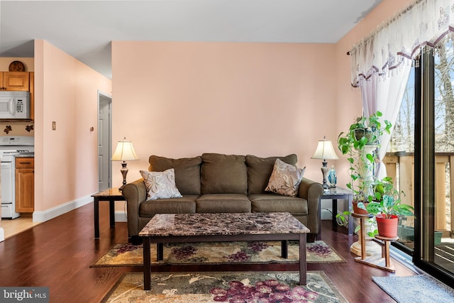 living room featuring wood finished floors and baseboards