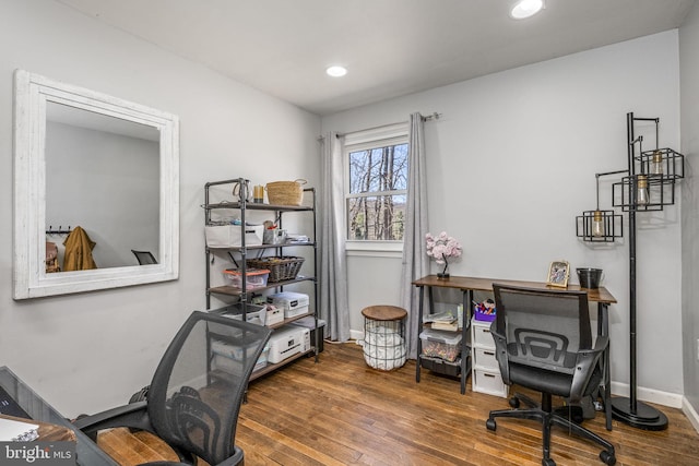 office with recessed lighting, baseboards, and wood-type flooring