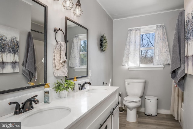 full bathroom with double vanity, toilet, wood finished floors, and a sink