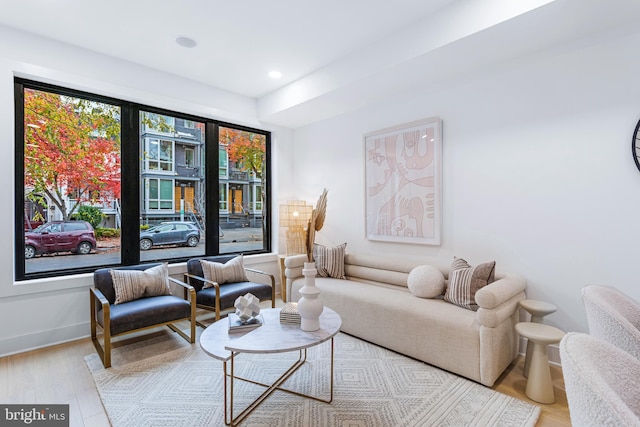 living area featuring recessed lighting, baseboards, and wood finished floors