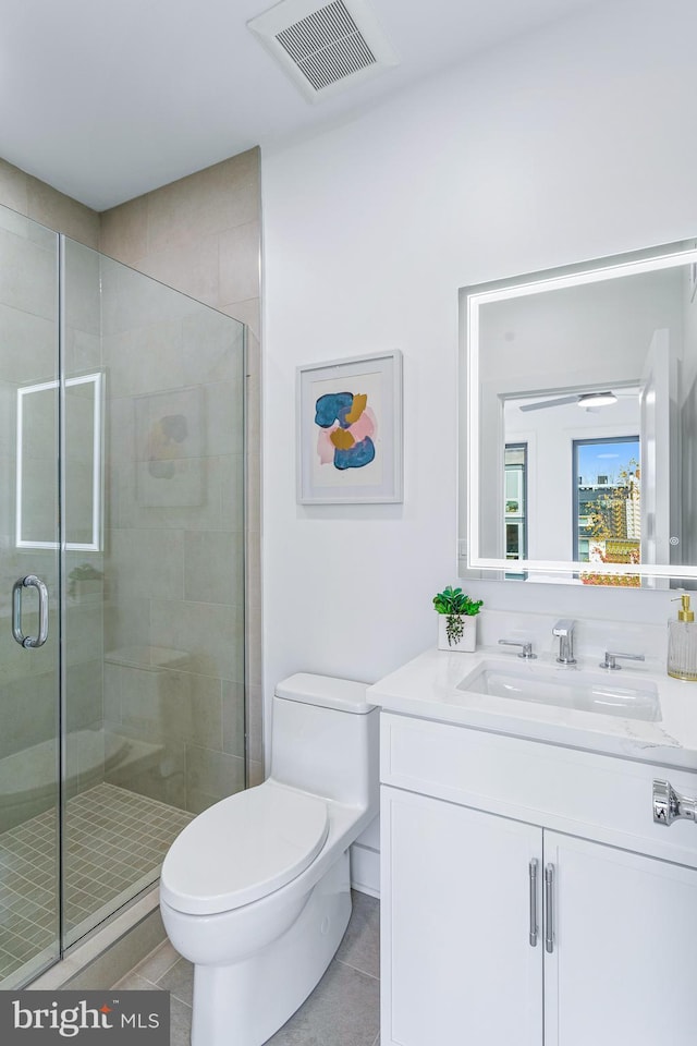 full bathroom featuring visible vents, a shower stall, toilet, and vanity