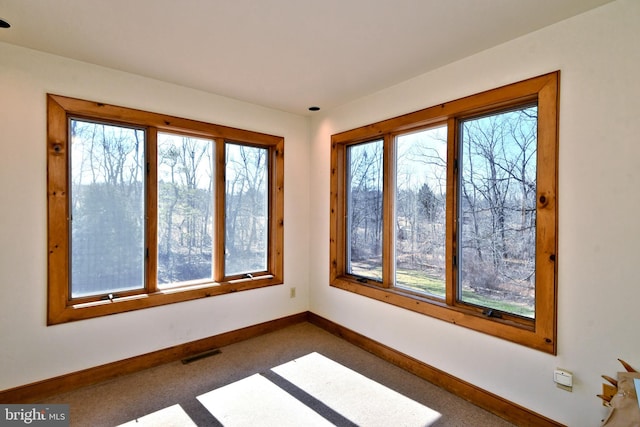 spare room featuring a wealth of natural light, visible vents, and baseboards