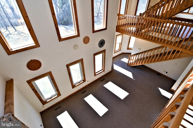 living area with a skylight, carpet flooring, a healthy amount of sunlight, and a towering ceiling