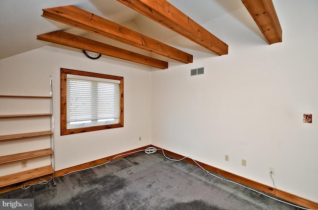 interior space with lofted ceiling with beams, visible vents, baseboards, and carpet flooring