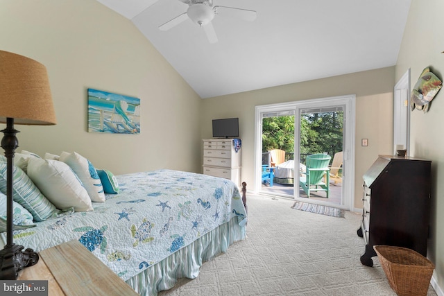 bedroom with access to exterior, a ceiling fan, carpet, and vaulted ceiling