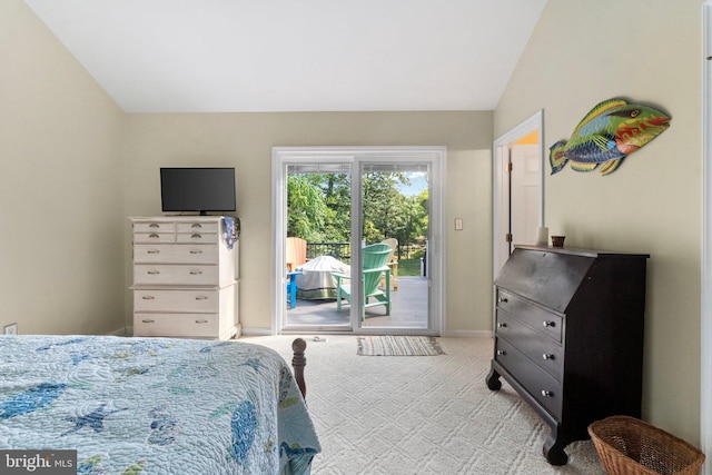 bedroom with vaulted ceiling, light colored carpet, baseboards, and access to outside