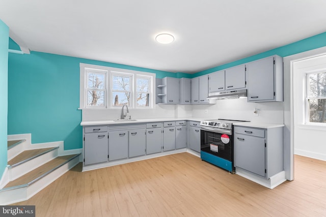 kitchen featuring under cabinet range hood, light wood-type flooring, a sink, and electric stove