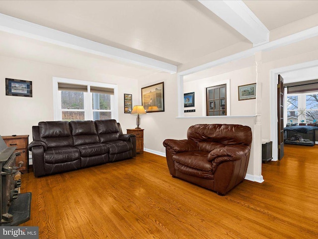 living room with beamed ceiling, plenty of natural light, and wood finished floors