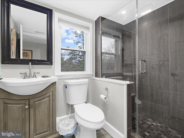 bathroom with toilet, a stall shower, and vanity