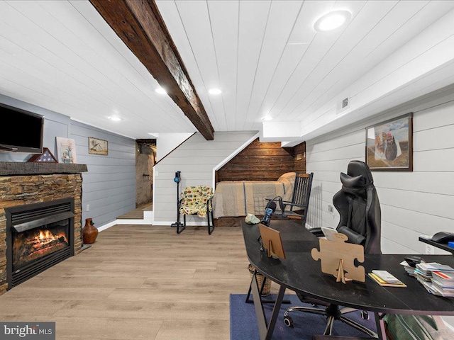 office area with wood finished floors, visible vents, a fireplace, recessed lighting, and beamed ceiling