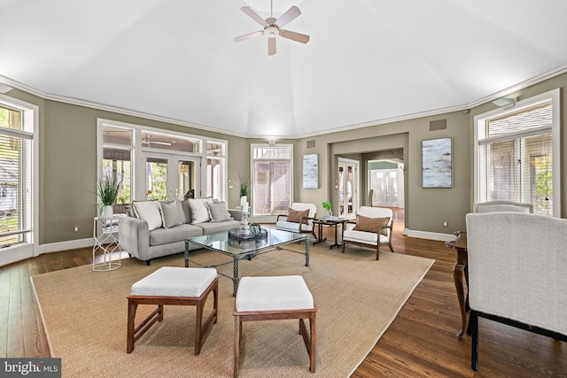 living area featuring baseboards, dark wood-type flooring, and crown molding