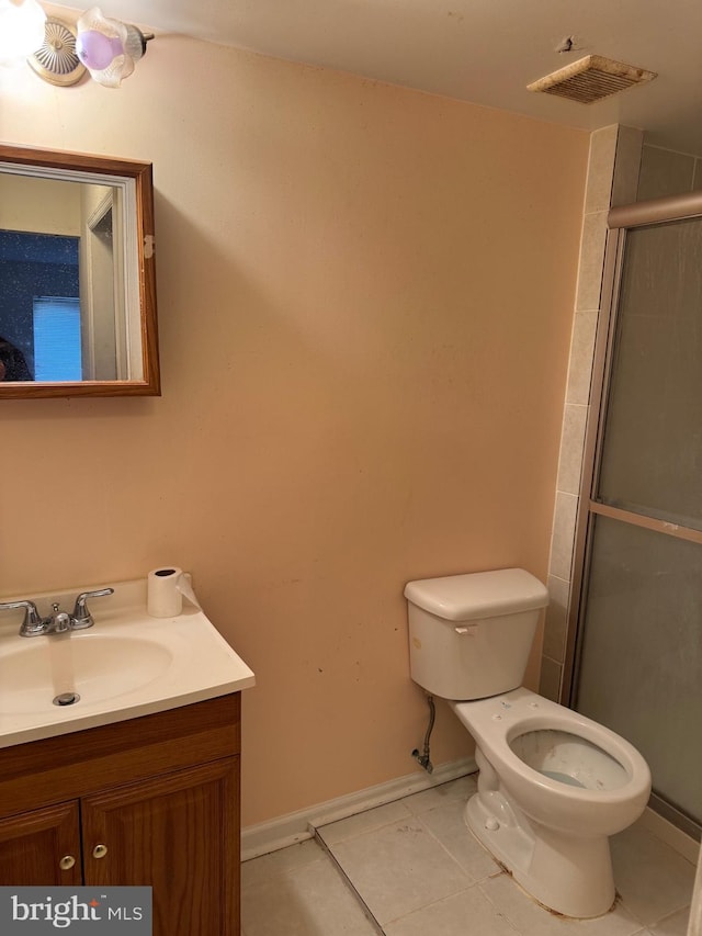 bathroom with tile patterned floors, visible vents, toilet, a stall shower, and vanity