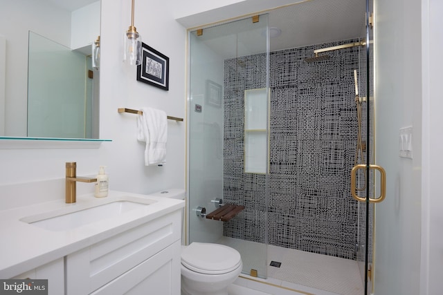 bathroom featuring toilet, a stall shower, and vanity