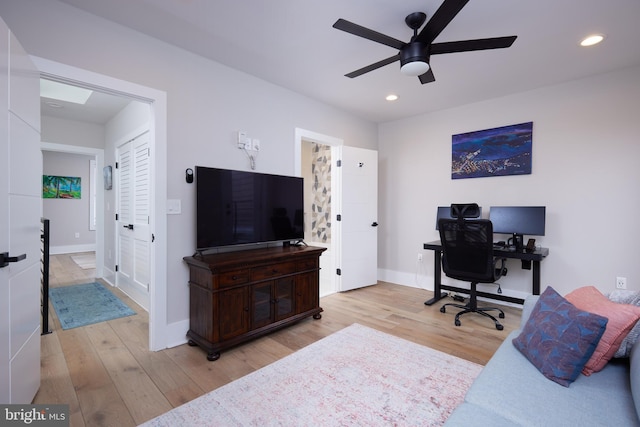 home office with ceiling fan, wood finished floors, and recessed lighting