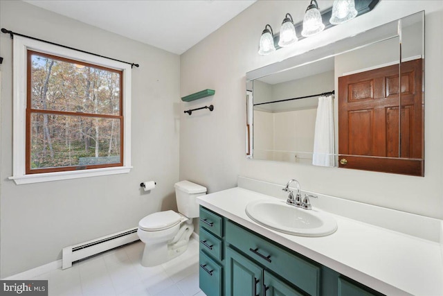 full bathroom with a shower with shower curtain, baseboard heating, vanity, and toilet