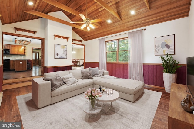 living area with dark wood-type flooring, wood ceiling, and a wainscoted wall