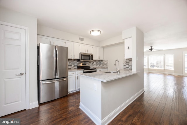 kitchen with visible vents, a sink, white cabinets, appliances with stainless steel finishes, and tasteful backsplash