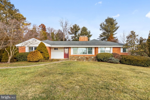 ranch-style house with a front yard, brick siding, and a chimney