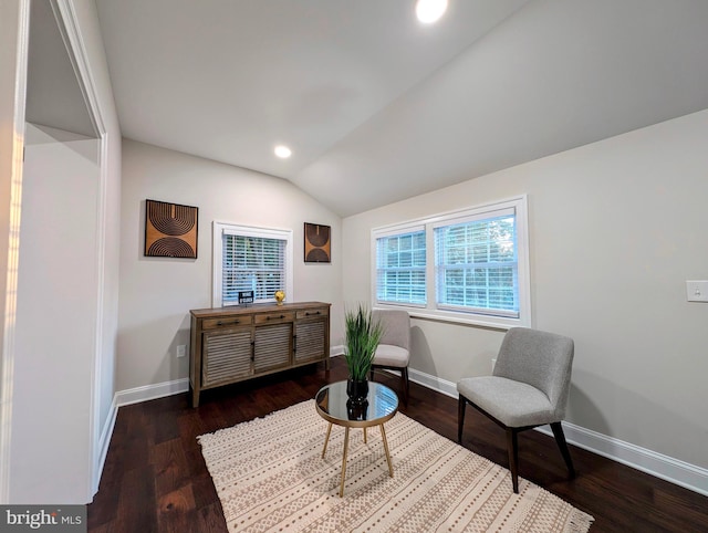 sitting room featuring vaulted ceiling, recessed lighting, wood finished floors, and baseboards