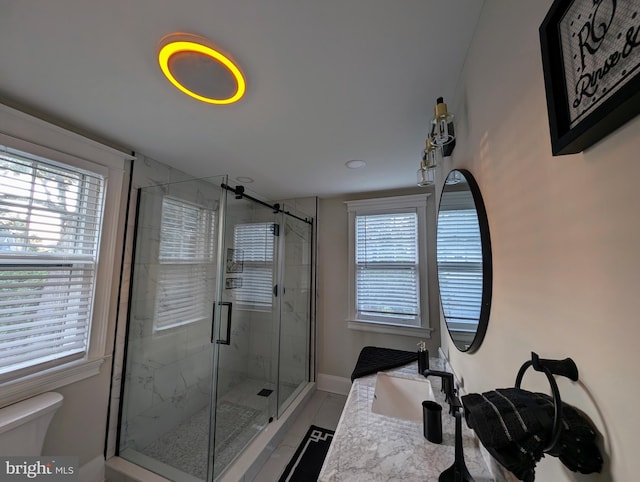 full bathroom with a sink, toilet, a wealth of natural light, and a shower stall