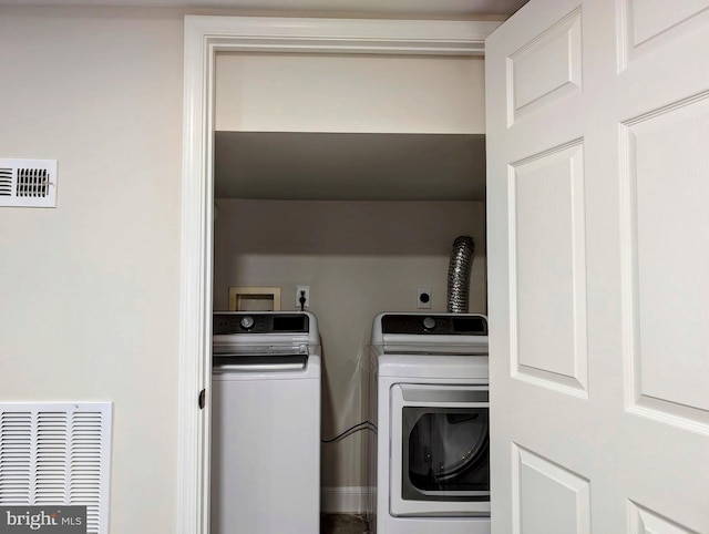 laundry room featuring visible vents, laundry area, and washer and clothes dryer