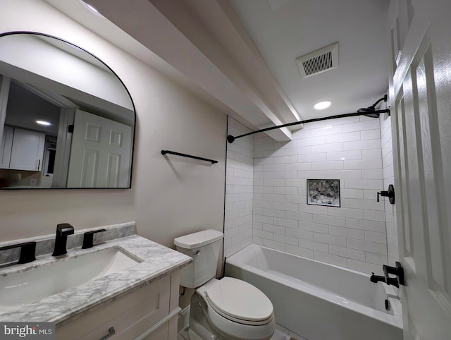 full bathroom with visible vents, toilet, recessed lighting, shower / bathing tub combination, and vanity