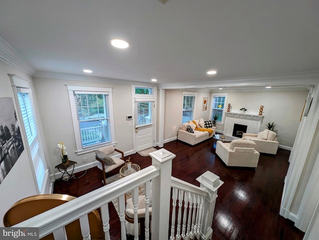 living room with ornamental molding, wood finished floors, recessed lighting, a fireplace, and baseboards