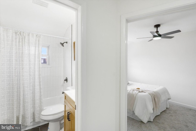 full bathroom featuring visible vents, toilet, vanity, a ceiling fan, and shower / bathtub combination with curtain