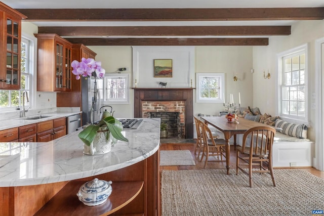 kitchen featuring stainless steel appliances, brown cabinets, a sink, and a healthy amount of sunlight