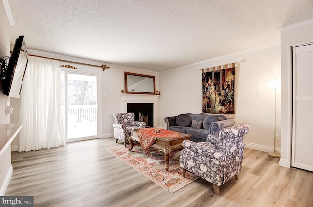 living area featuring a textured ceiling, ornamental molding, a fireplace, and light wood finished floors