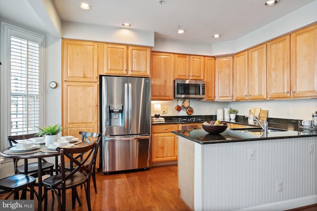 kitchen with appliances with stainless steel finishes, a sink, a peninsula, recessed lighting, and wood finished floors