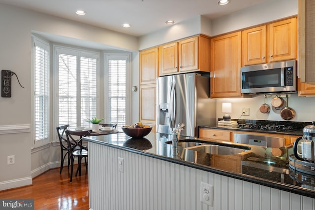 kitchen featuring a sink, appliances with stainless steel finishes, light brown cabinetry, and wood finished floors